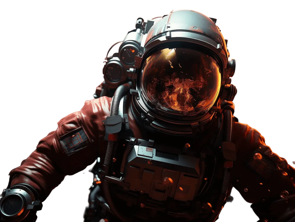 Astronauta da Blend Ideas em close, com traje vermelho e o visor do capacete refletindo um brilho alaranjado