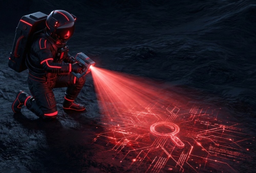 astronauta iluminando o chão com lupa cibernética