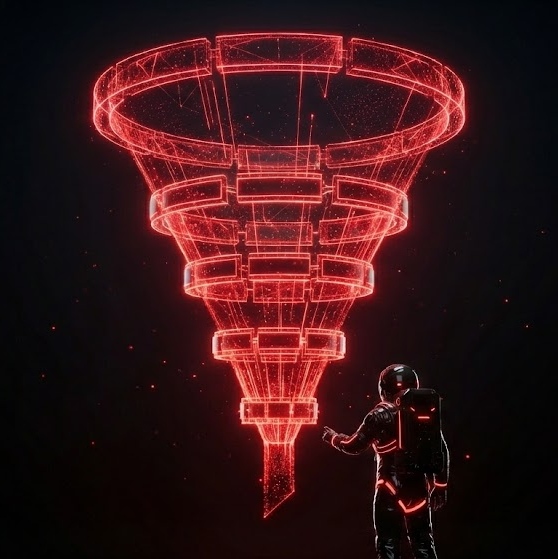 astronauta olhando un funil holográfico